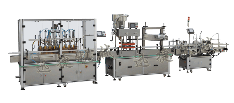 灌裝機+全自動封蓋機（自動理蓋，自動扣蓋，自動旋壓蓋）+貼標機